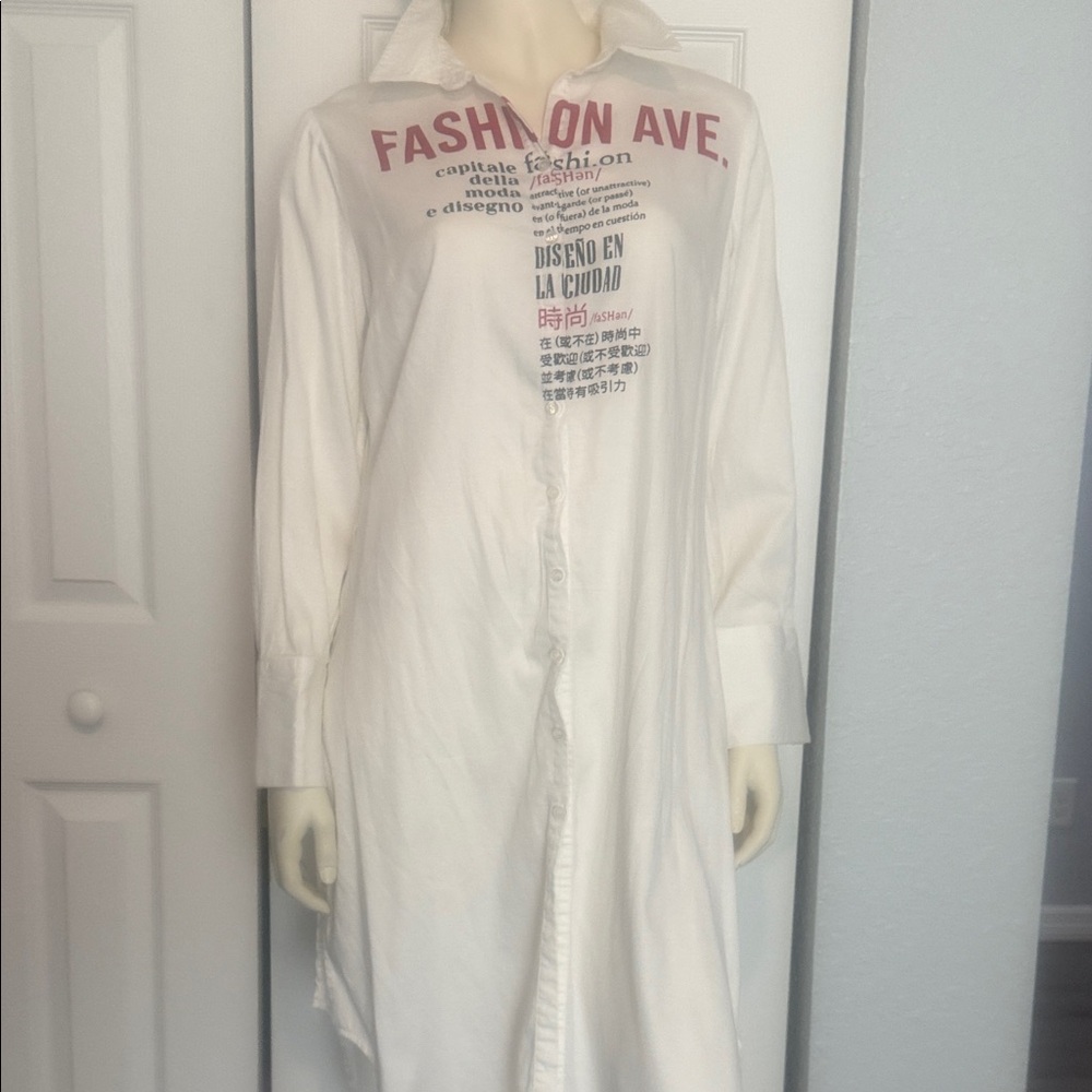 White Shirt Dress with Red Graphic Text